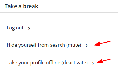 Settings page showing the mute and deactivate profile options
