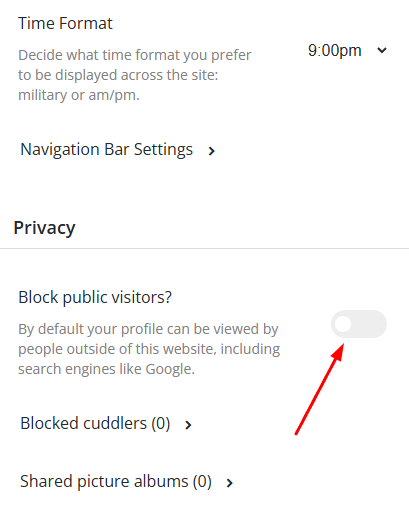 How do I make my profile private or block public visitors? screenshot