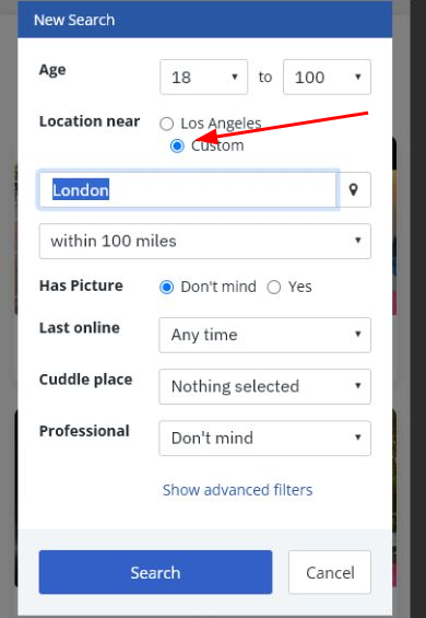 Custom location and distance options in Cuddler search filters