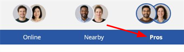 Homepage member tabs with two profile bubbles above Online, Nearby, and Pros
