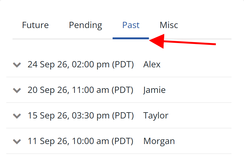 Bookings page with the Future, Pending, and Past tabs