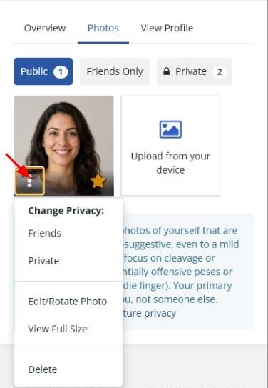 Profile photo menu with privacy, edit, full-size, and delete actions