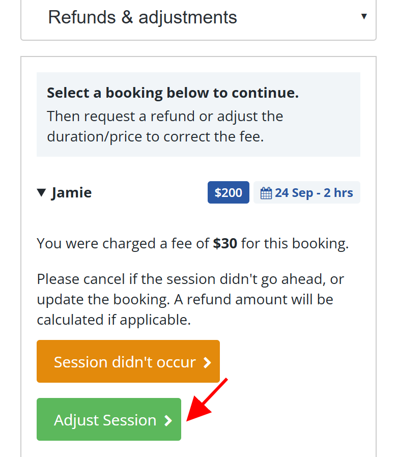 Refunds and adjustments booking panel showing Adjust Session