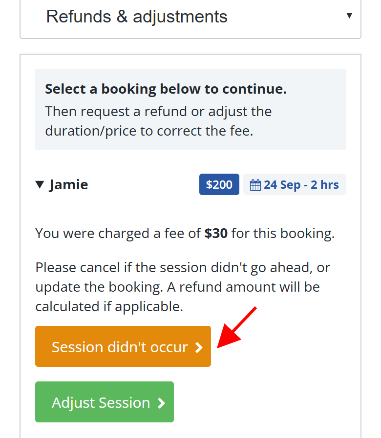 Refunds and adjustments booking panel showing Session didn't occur